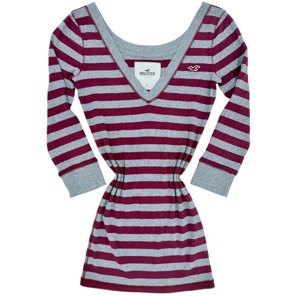 Vintage Y2K Hollister Burgundy & Gray Deep V-Neck Striped Sexy Tunic Mini Dress - Picture 3 of 16